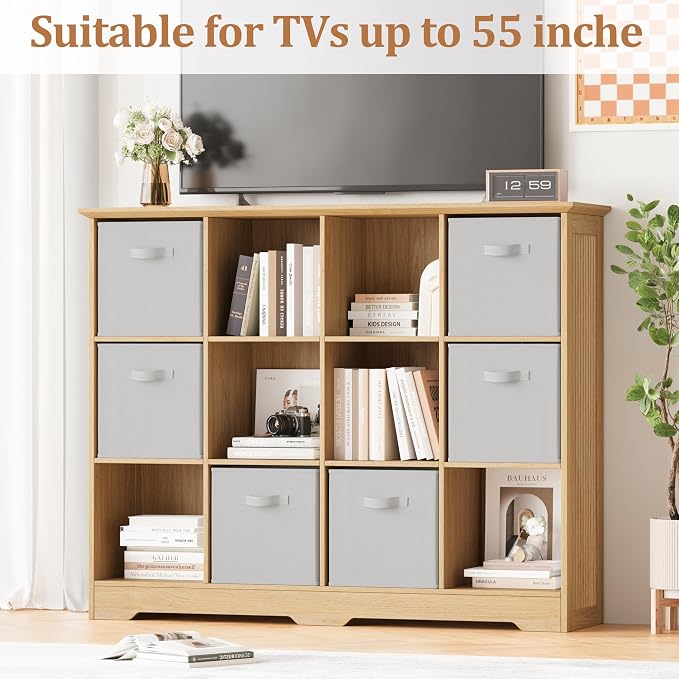 12 Cube Storage Organizer Shelf, Wood Cubby Storage with 6 Fabric Drawers | 3 Tier Wooden Bookshelf with 2 Adjustable Shelves, Fluted Side Panels Bookcase for Records, Books, Ornaments