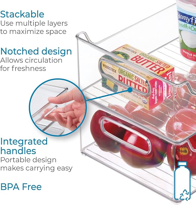 InterDesign iDesign Stackable Plastic Pantry Bin with Handles for Cabinets or Fridge, Set of 2, Clear, Made in USA (Pack of 2)