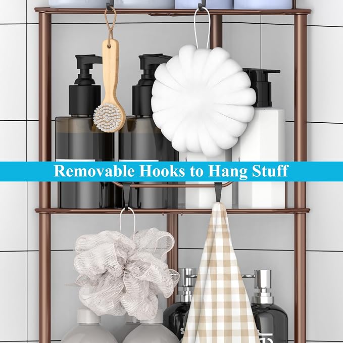 HuggieGems 3 Tier Floor Standing Corner Shower Caddy Organizer Shelf with Hooks, Bathroom Shelves Stand Rack, Coffee