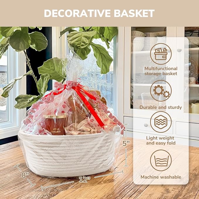 CHICVITA 2-Pack Gift Baskets Empty with Bags & Ribbon, Toy Basket, White | 12"x 8"x 5" Rope Gift Basket Empty to Fill for Baby Shower, Gift Basket for Organizing, Holiday Basket, Toy Storage for Kids