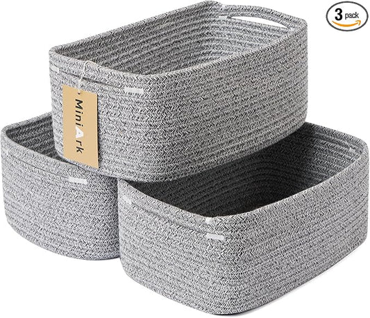 MiniArk Small Storage Baskets for Organizing | Closet Organizer Bins | Shelf Toy Basket | Woven Rope Baskets | Cube Decorative Box | Shallow Basket | 13x8.5x5.1” | 3 Packs Mixed Grey