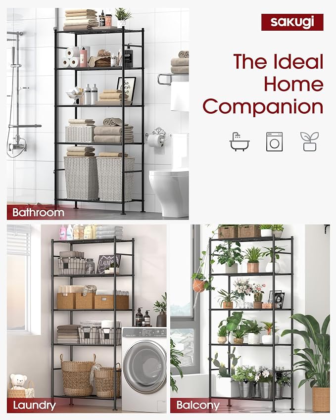 Sakugi Storage Racks - 2 Pack, 5-Tier Freestanding Steel Shelving Units with Reinforced Frame, Adjustable Garage Organization Shelves for Warehouse, Basement, Workshop, 33.5" x 12.6" x 72", Black