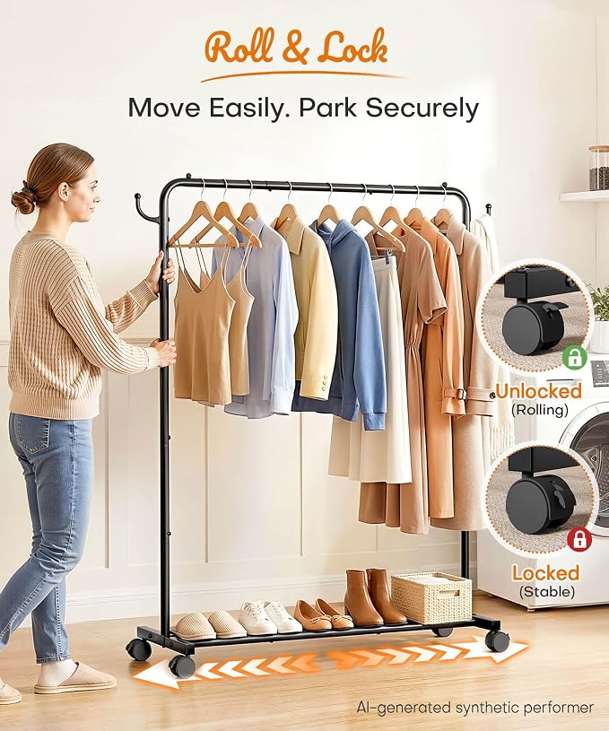 Homde Portable Clothes Rack for Bedroom: 4 Lockable Wheel Move Room-to-Room | Laundry to Closet in 1 Smooth Roll - No Heavy Lifting for Renters & Movers - 88 lbs Hanging Rod for Garment Coat to T-Shirt