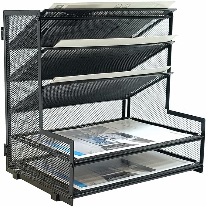 SETTFRFE 5-Tier Metal Desk File Organizer, File Tray Rack | 3 Slanted+2 Horizontal Paper File Holder for Office Supplies,Multi Layer Letter Tray,Home Office Desktop Storage Rack,Black