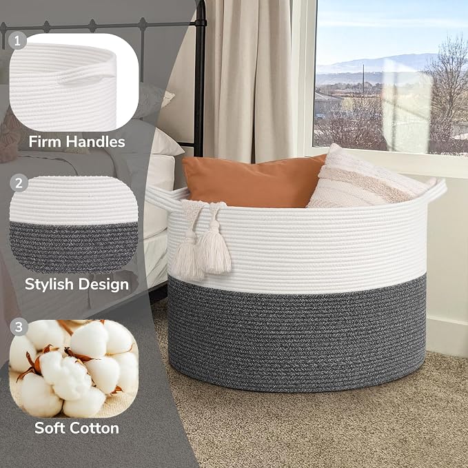 Goodpick Extra Large Woven Blanket Basket Living Room & Playroom, 115L | 23.5 x 23.5 x 15.8 In Woven Basket for Storage, Kids Toy Storage for Playroom, Laundry Basket for Towels, Gray