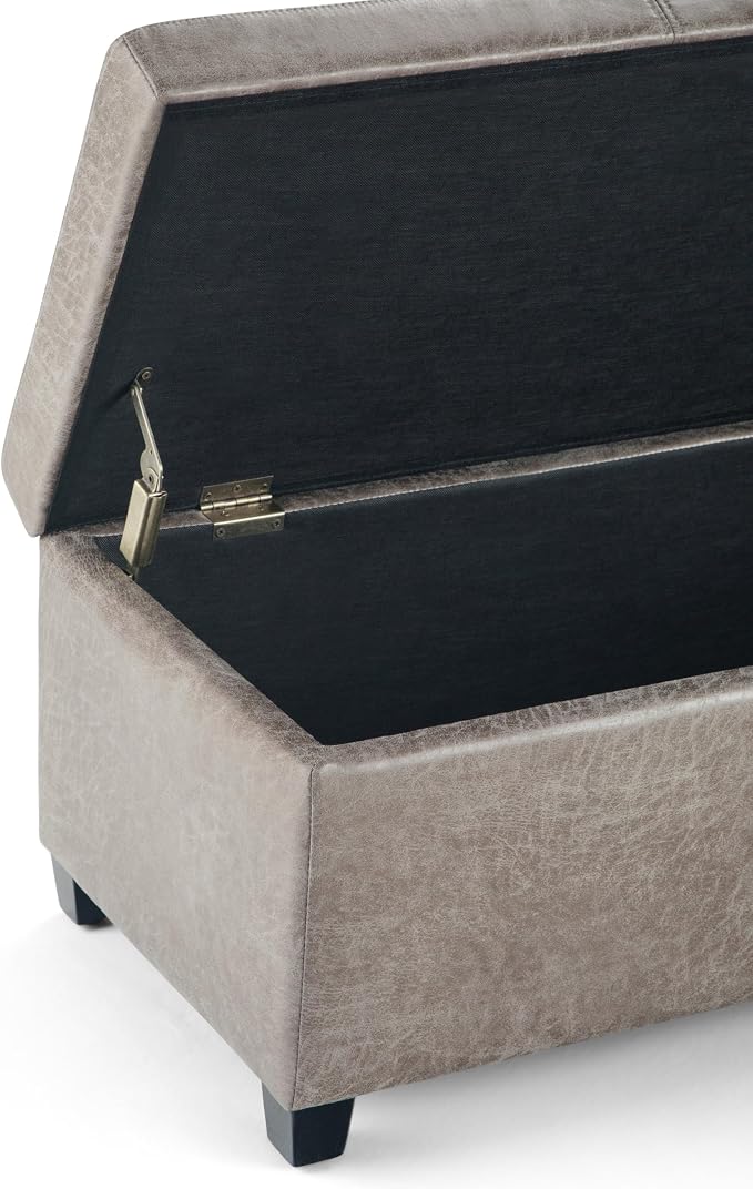 SIMPLIHOME Avalon Storage Ottoman Bench - 48" Wide x 16" High Upholstered Vegan Leather Rectangular Lift-Top Ottoman in Distressed Grey Taupe, Contemporary Bench for Living Room with High-Density Foam