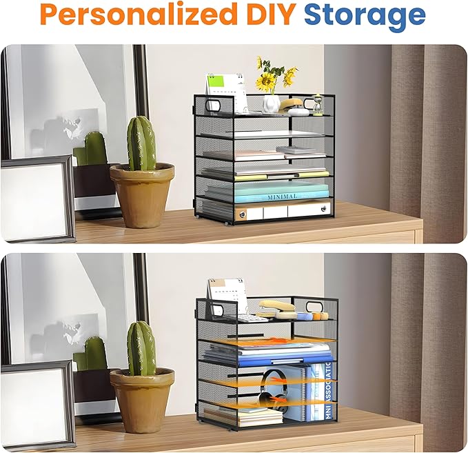 Daltack 6-Tier Paper Organizer for Desk with Handle, Black | Sturdy Metal Mesh Organizer with Movable Middle Trays and a Carry Handle for Papers, Folders and Office Supplies