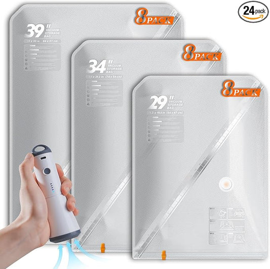 Vacbird Vacuum Seal Bags for Clothing with Rechargeable Cordless Pump, 24 Pack Vacuum Storage Bags, Compression Packing for Clothes Bedding Blanket Pillows Comforters