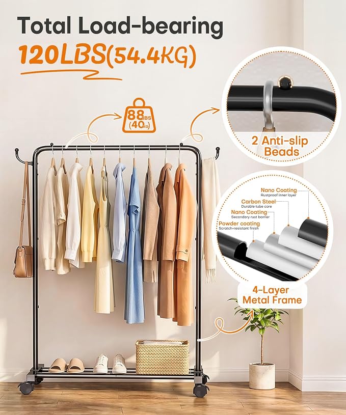 Homde Portable Clothes Rack for Bedroom: 4 Lockable Wheel Move Room-to-Room | Laundry to Closet in 1 Smooth Roll - No Heavy Lifting for Renters & Movers - 88 lbs Hanging Rod for Garment Coat to T-Shirt