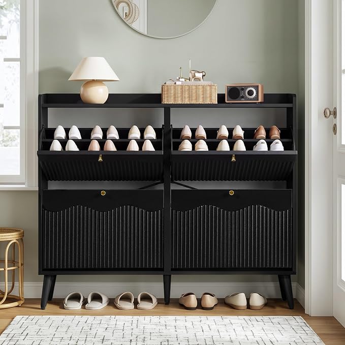 BERRYMERRY Black 47.2” Shoe Storage Cabinet with 4 Flip Drawers | narrow,entryway,adjustable feet,32 pairs shoe,shoe organize,hidden shoe rack,fluted panel,wave pattern,wood,space saving