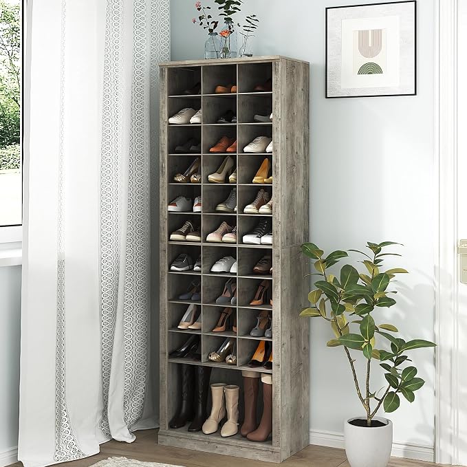 Hzuaneri 11 Tiers Shoe Storage Cabinet, Tall Shoes Cabinet with Cubby | Freestanding Wooden Shoe Organizer, 30-33 Pairs, Shoes Cubby Organizer for Entryway, Bedroom, Greige SR02005B