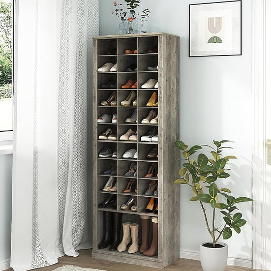 Hzuaneri 11 Tiers Shoe Storage Cabinet, Tall Shoes Cabinet with Cubby | Freestanding Wooden Shoe Organizer, 30-33 Pairs, Shoes Cubby Organizer for Entryway, Bedroom, Greige SR02005B