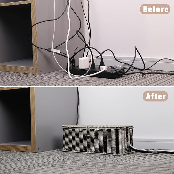 BROWNLILY Cable Management Box, Rattan Style Cord Organizer for Desk Cord Hider Outlet Covers for Power Strip TV PC Router Charger Under Desk Storage with Lockable Lid and Cable Ties