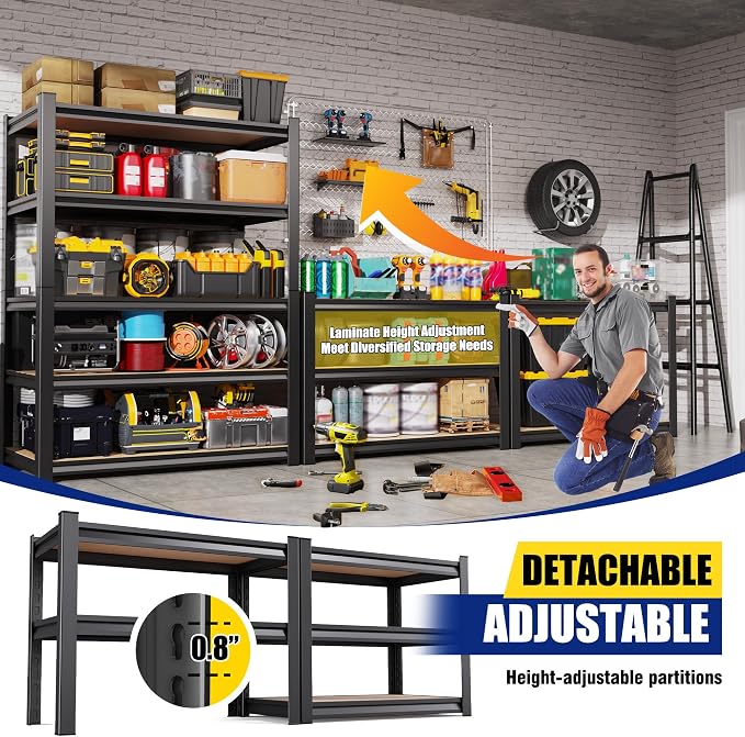 2 Pack 78" H x 46" Wx 20" D Garage Shelving Unit, Heavy Duty Metal Storage Shelves, 5 Tier Adjustable Utility Steel Rack, Freestanding Organizer for Warehouse, Pantry, Basement, Shop Black