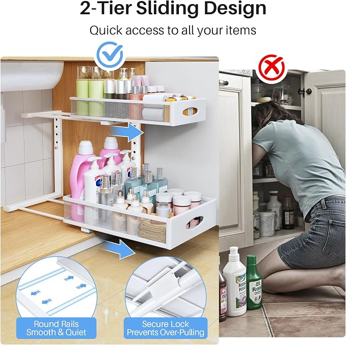 Under Sink Organizer, 2 Tier Pull Out Under Cabinet Organizer Shelf with Pad for Framed Cabinets, Metal Slide Out Under Sink Storage, Mesh Sliding Drawers for Kitchen Bathroom Laundry(White, 1 Pack)