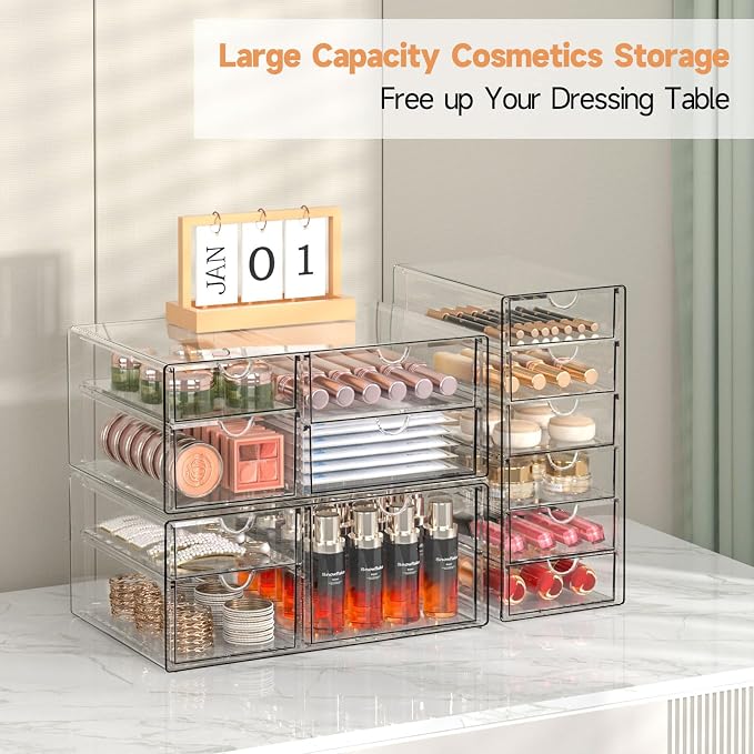 DOMNIU Acrylic Makeup Drawer Storage Organizer with 13 Drawers, 3 Set | Office Desk Organization and Storage, Dustproof Drawer Organizer for Makeup, Countertop, Jewelry, Desktop, Bathroom, Bedroom