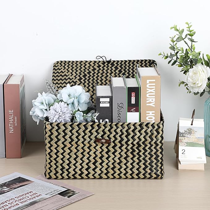 Hipiwe Wicker Shelf Baskets with Lid Seagrass Storage Baskets Handwoven Household Organizer Rectangular Woven Organizer Box for Storage Shelf Wardrobe,Medium