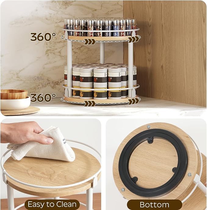 YATINEY Lazy Susan Organizer, Rotating Spice Rack, 2 Tier Spice Turntable Organizer, Industrial Turntable Spice Holder, for Kitchen Countertop, Compact and Versatile, White and Natural SR22WN