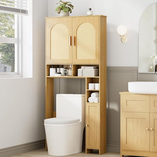 Homhedy Wooden Over The Toilet Storage Cabinet, Natural | Bathroom Organizer with Rattan Decorated Doors, Adjustable Shelves, Toilet Paper Holder, for Small Spaces