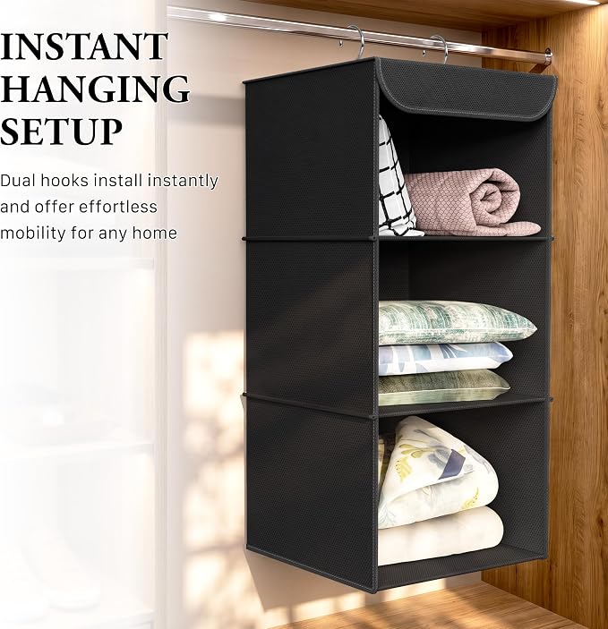 Simple Houseware 3 Shelf Hanging Closet Organizer, Black | 360° Rotating Dual Hooks, Top Support Metal Frame