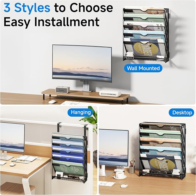 Lavatino 6-Tier Hanging File Organizer, Wall Mount File Holder for Mails Folders Papers Magazine Organization, Vertical Document Organizer for Office Home - Black