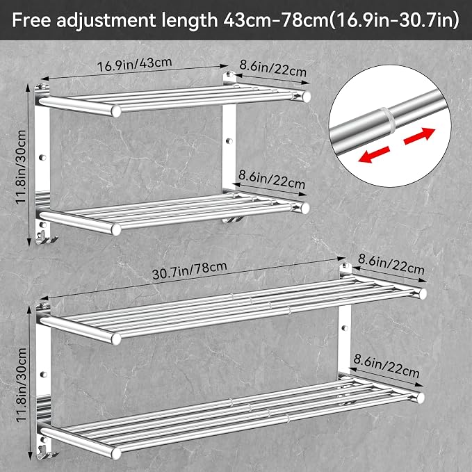 CAXIMSY Adjustable Towel Bar for Bathroom Wall Mount17-30.7inch Adhesive Shower Towel Rack Stainless Steel Bath Towel Holders for Toilet Kitchen Double Towel Hanger (Double Towel Rack)