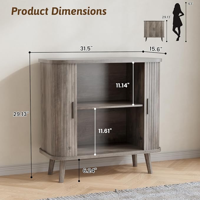 BORNOON Buffet Cabinet with Storage, Curved-Edge Fluted Storage Cabinet Sideboard, Modern Black Sideboard Buffet with Adjustable Shelves & Sliding Door for Dining Room, Kitchen, Entryway (Wood)