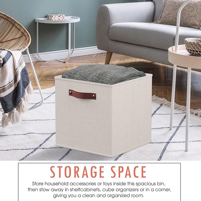 Ornavo Home 13x13 Foldable Fabric Storage Cube Bins, 6 Pack, Beige | Collapsible Linen Shelf Basket Organizer; Leather Handles; Ideal Cube Storage For Closet