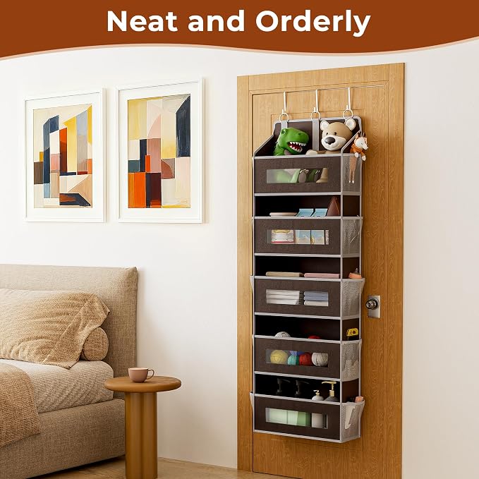 2 Pack 5 Tier Over The Door Organizer - Large Capacity Behind Door Hanging Shelves with 10 Mesh Pockets and Clear Windows, Closet Organizers and Storage for Bathroom, Bedroom, Nursery, Brown