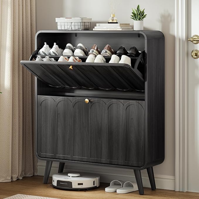 Decofy Shoe Cabinet with 2 Flip Drawers, Expanded Panel for Long Footwear, Freestanding Shoe Storage Cabinet with 3-Gear Adjustable Shelves, Narrow Shoe Cabinets for Entryway, Solid Wood Legs, Balck | 31.5''W; Wider Panel; 2 Flip-Down Drawers; Adjustab...