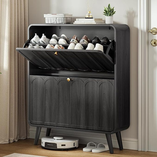 Decofy Shoe Cabinet with 2 Flip Drawers, Expanded Panel for Long Footwear, Freestanding Shoe Storage Cabinet with 3-Gear Adjustable Shelves, Narrow Shoe Cabinets for Entryway, Solid Wood Legs, Balck | 31.5''W; Wider Panel; 2 Flip-Down Drawers; Adjustab...