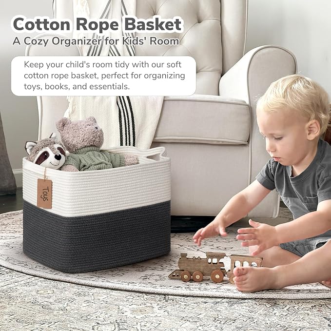 Goodpick Large Cotton Rope Baby Laundry Basket, Dark Gray | 50L, 18 × 14 × 12 in, Reinforced Handles, Blankets & Toys Essentials Storage, Living Room & Nursery Organization