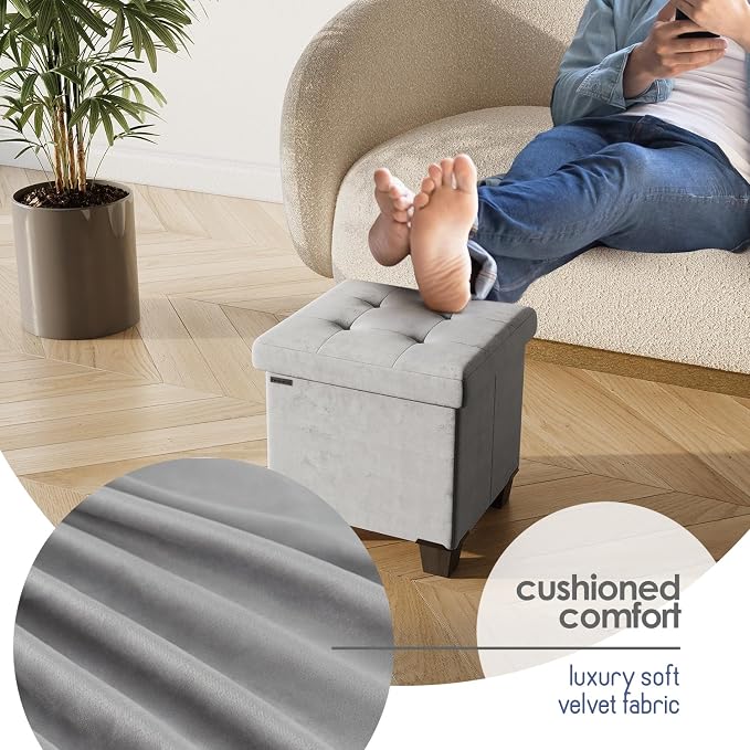 Storage Ottoman Cube with Small Bin, 15-in Square Ottoman with Storage for Living Room and Bedroom, Small Ottomans Foot Rest, Velvet Foot Stools Ottomans Max 330lbs, Light Grey