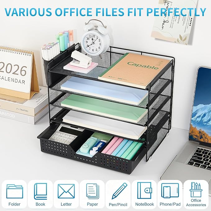 LEKETREE Desk Organizer and Accessories, 5-Tier Paper Letter Tray Organizer with Drawer & 2 Pen Holders for Desktop File Organization, Office Desk Accessories for Supplies Storage (Black)