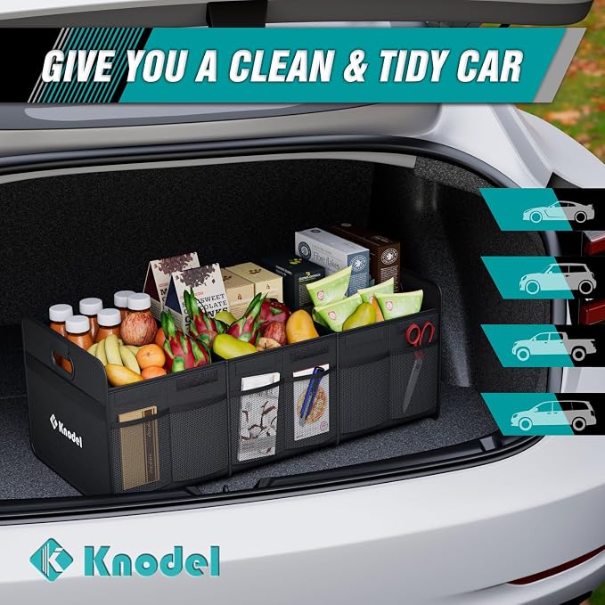 K KNODEL 3 Compartments Trunk Organizer for Car and Suv (Large, Black) | Collapsible Car Storage Organizer, Car Organizers and Storage for Sedan, Cargo Organizer, Car Bin, Basket,Bag, Organization