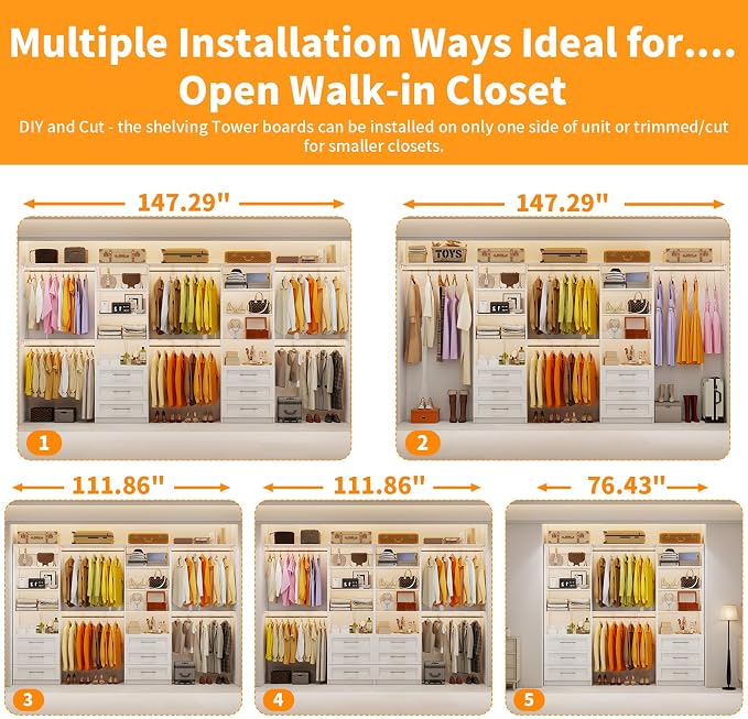 Closet System with 6 Wood Drawers, 6-12FT Closet Organizer System with Cuttable Shelves for Walk in Closet with 6 Expandable Hanging Rods, Heavy Duty Built-in Closet for Bedroom, White