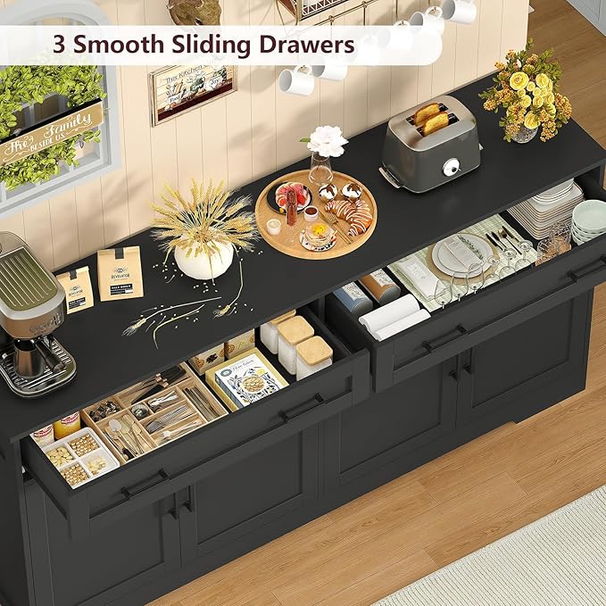 usikey 63" Buffet Cabinet with Storage, Large Sideboard Buffet Cabinet with 2 Adjustable Shelves and 4 Doors, Modern Farmhouse Coffee Bar for Kitchen, Living Room, Black