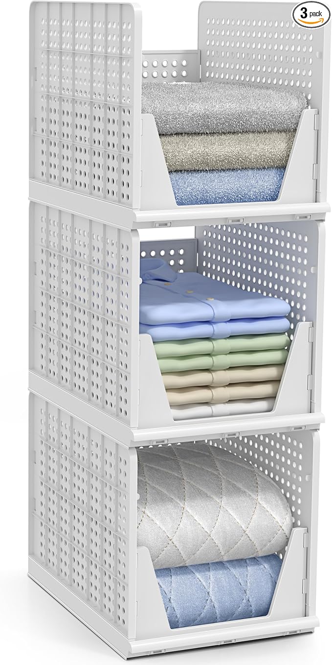 Sorbus Stackable Shelf Organizer Baskets – Plastic Closet Organizer for Clothes, Pantry, Bathroom, Kitchen & Garage – Open Front Storage Bins for Cabinets, Countertops & Under Shelf Organization