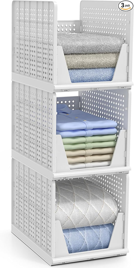 Sorbus Stackable Shelf Organizer Baskets – Plastic Closet Organizer for Clothes, Pantry, Bathroom, Kitchen & Garage – Open Front Storage Bins for Cabinets, Countertops & Under Shelf Organization
