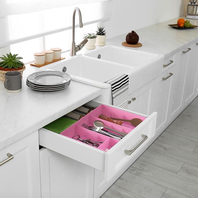Simple Houseware Drawer Organizer Tray, 9 Adjustable Compartments, Pink | For Office, Makeup, and Craft Drawer or Desktop Storage
