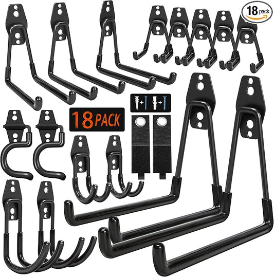 18 Pack Garage Hooks Heavy Duty - Anti-Slip Coating | Garage Storage Hooks for Hanging Bike，Ladder，Garden Tools，Hose