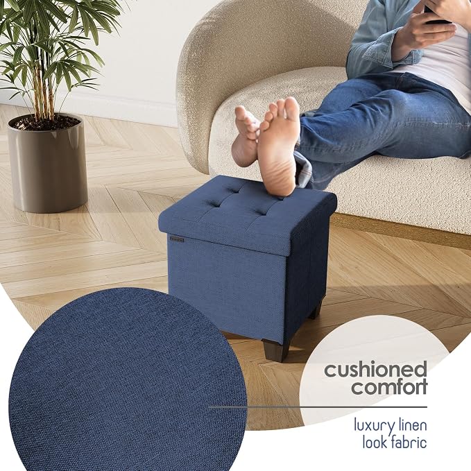Storage Ottoman Cube with Small Bin, 15-in Square Ottoman with Storage for Living Room and Bedroom, Small Ottomans Foot Rest, Fabric Foot Stools Ottomans Max 330lbs, Blue