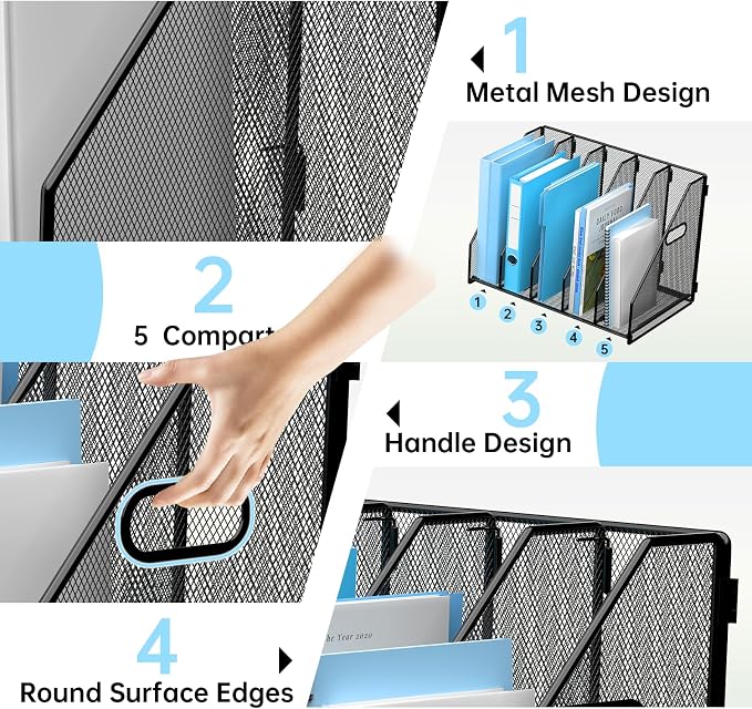 MINDEPOT Desk File Organizer Folder Holder with 5 Vertical for Office Black | Sturdy Metal Mesh, Magazine Folder Holder, Rack File Organizer for Home School, 5 Vertical Compartments