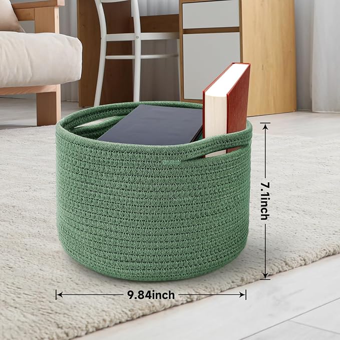 3 Pack Small Rope Storage Baskets, 9.82×9.82×7.1", Green | Cotton Basket for Gifts Empty, Cute Round Woven Basket, Decorative Shelf Basket Organizer, Organizing Basket for Shelves
