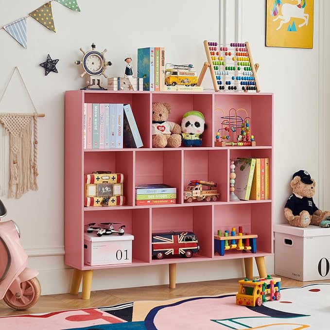 LEYAOYAO 10 Cube Bookshelf,Mid-Century Modern Bookcase with Legs,Light Pink | 3 Tier Book Shelf,Rustic Wood Bookshelves Freestanding Large Storage Organizer, Open Shelves for Bedroom, Living Room, Office