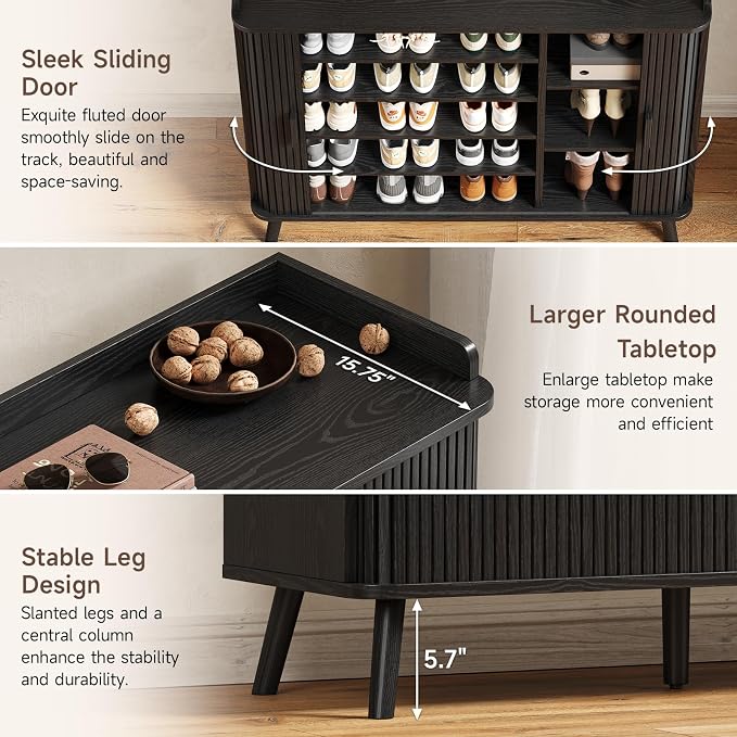 Shoe Cabinet with Sliding Door, 5-Tier Hidden Shoe Rack with Adjustable Shelves, Wooden Shoe Storage Organizer with Open Bottom Space, Freestanding Shoe Shelf for Entryway Hallway Apartment, (Black)