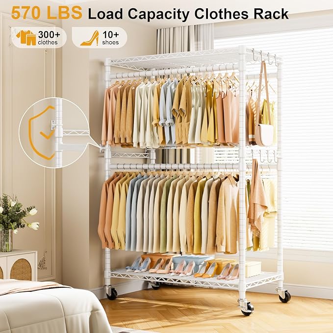 ULIFHOME Rolling Clothes Rack, Clothing Racks for Hanging Clothes, White | P4 Plus Heavy Duty Garment Rack with Wheels, Free Standing Portable Closet Racks 45''W × 20.5''D × 80.5''H, Max Load 570 Lbs