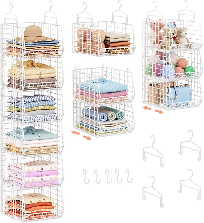 6 Tier Extended Depth Hanging Closet Organizer, Closet Storage Hanging Shelves with Hanging Hooks for Clothes Sweaters Towels Handbags, Stackable Metal Mesh Bins For Closet, Laundry, Bathroom, Dorm