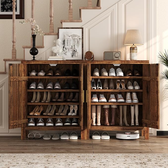 UNIQUITE Wooden Shoes Cabinet with Adjustable Shelves, Retro Freestanding Shoe Organizer Cabinet for Entryway Hallway Living Room, 5-Tier Shoe Cabinet with Doors for 20 Pairs, Dark Walnut