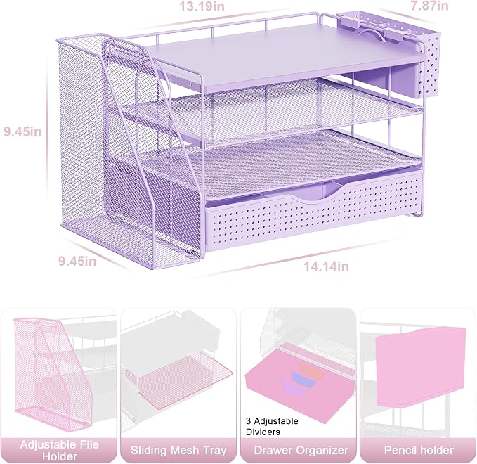 gianotter Wood Desk Organizers and Accessories with File Holder, 4-Tier Desk Accessories & Workspace Organizers with Drawer and Pen Holder, Desk Reference Organizer (Purple, 4T with Drawer)